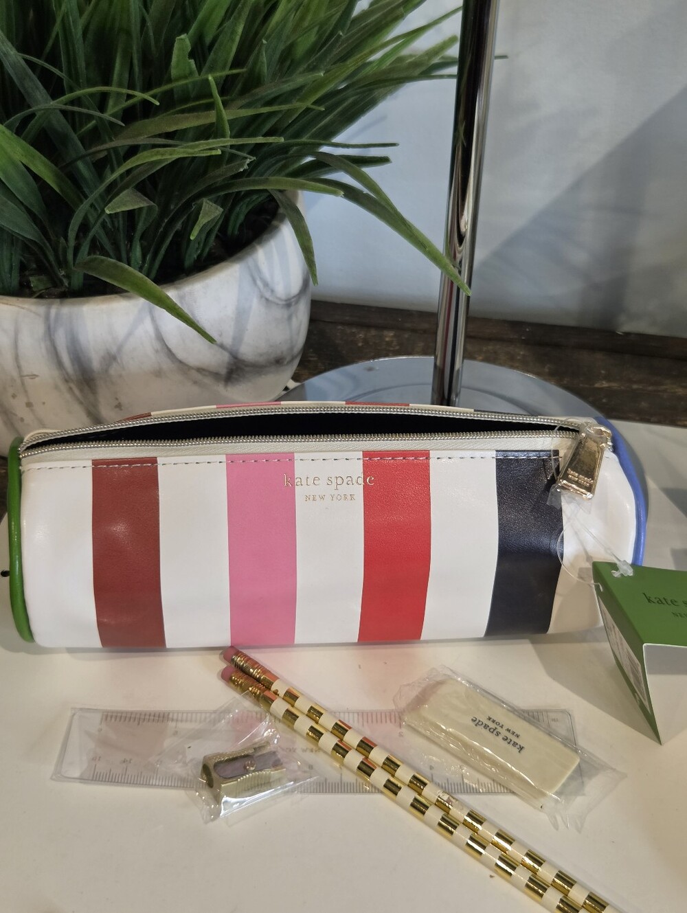 kate spade multicolor striped pencil case - red, pink, white, black, green